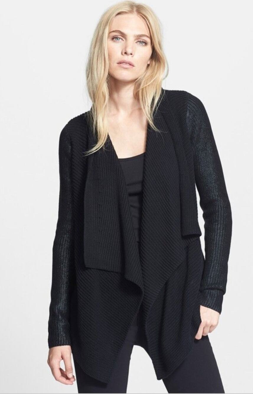 VINCE Black Metallic Knit Sleeve Draped Open Front Cotton Cardigan Sweater Sz XS